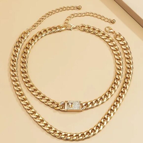 2 Pcs Chunky Chain Necklace Set Statement Chains with Shiny Rhinestones, Trendy - Picture 7 of 8